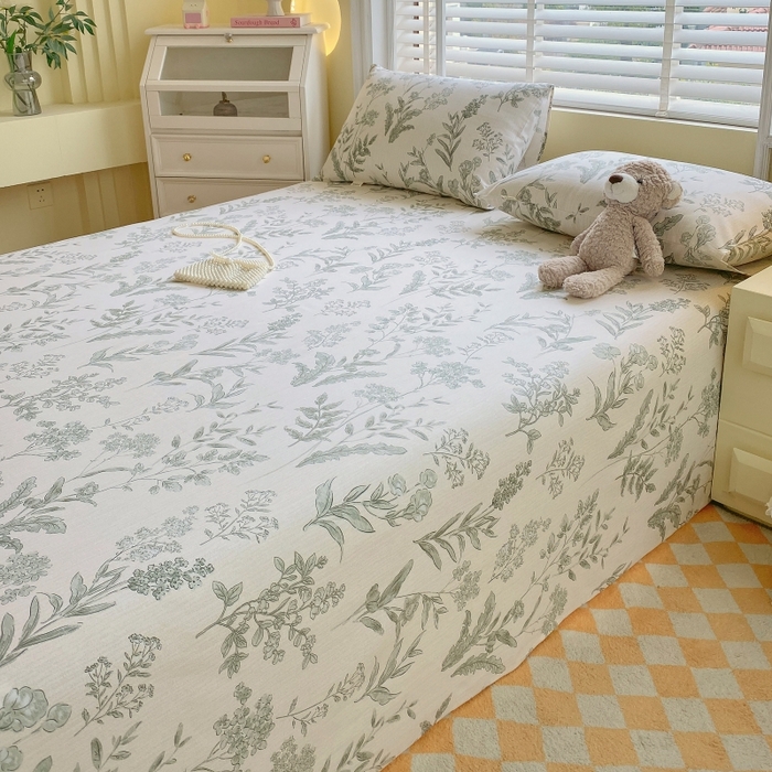 91家纺网 家纺一手货源 找家纺 慕尚家纺 2025新款全棉纯棉老粗布花卉床单款凉席席子 绿野