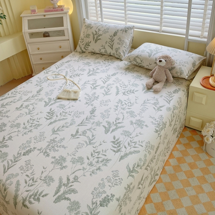 91家纺网 家纺一手货源 找家纺 慕尚家纺 2025新款全棉纯棉老粗布花卉床单款凉席席子 绿野