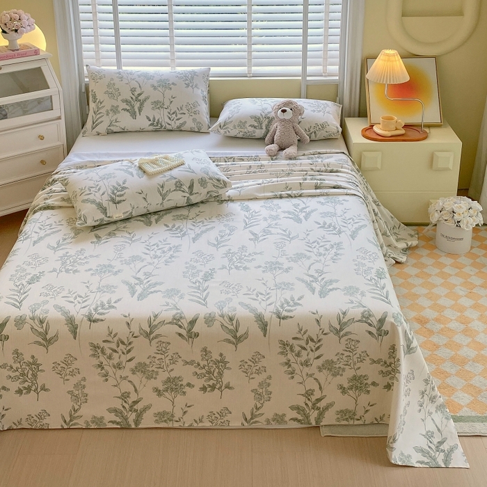 91家纺网 家纺一手货源 找家纺 慕尚家纺 2025新款全棉纯棉老粗布花卉床单款凉席席子 绿野