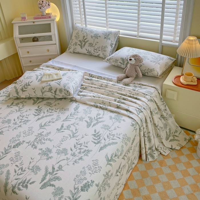 91家纺网 家纺一手货源 找家纺 慕尚家纺 2025新款全棉纯棉老粗布花卉床单款凉席席子 绿野