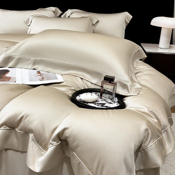 91家纺网 家纺一手货源 找家纺 星蕴家纺 2025新款奥地利兰精天丝莱赛尔纯色埋绳款四件套-莱恩 莱恩-浅茶色