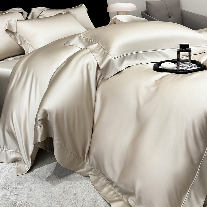 91家纺网 家纺一手货源 找家纺 星蕴家纺 2025新款奥地利兰精天丝莱赛尔纯色埋绳款四件套-莱恩 莱恩-浅茶色