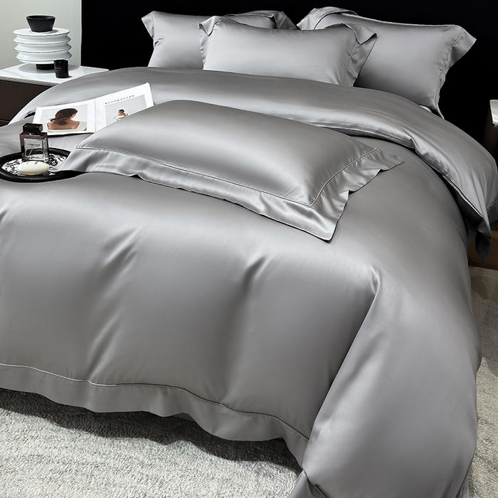 91家纺网 家纺一手货源 找家纺 星蕴家纺 2025新款奥地利兰精天丝莱赛尔纯色埋绳款四件套-莱恩 莱恩-炭灰色