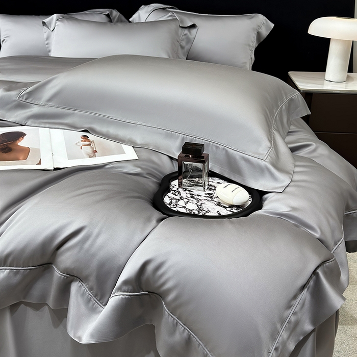 91家纺网 家纺一手货源 找家纺 星蕴家纺 2025新款奥地利兰精天丝莱赛尔纯色埋绳款四件套-莱恩 莱恩-炭灰色