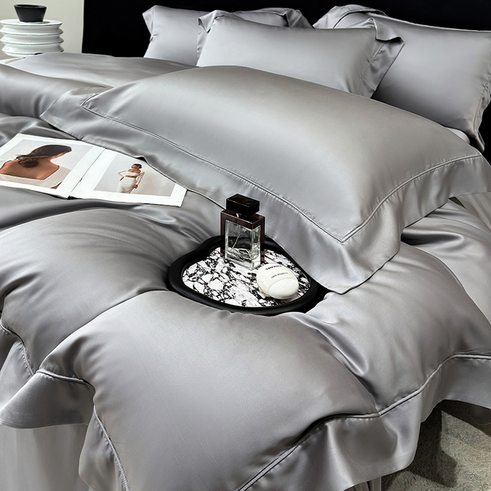 91家纺网 家纺一手货源 找家纺 星蕴家纺 2025新款奥地利兰精天丝莱赛尔纯色埋绳款四件套-莱恩 莱恩-炭灰色