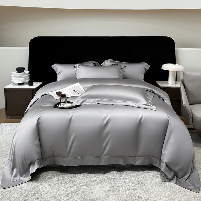 91家纺网 家纺一手货源 找家纺 星蕴家纺 2025新款奥地利兰精天丝莱赛尔纯色埋绳款四件套-莱恩 莱恩-炭灰色