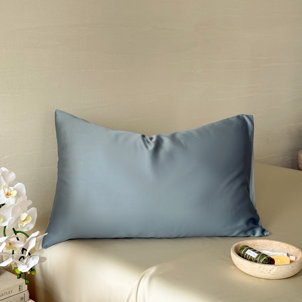91家纺网 家纺一手货源 找家纺 禾时 2025新款纯色双拼兰精天丝单品系列-单枕套 枕套单件 灰蓝色-冰川灰