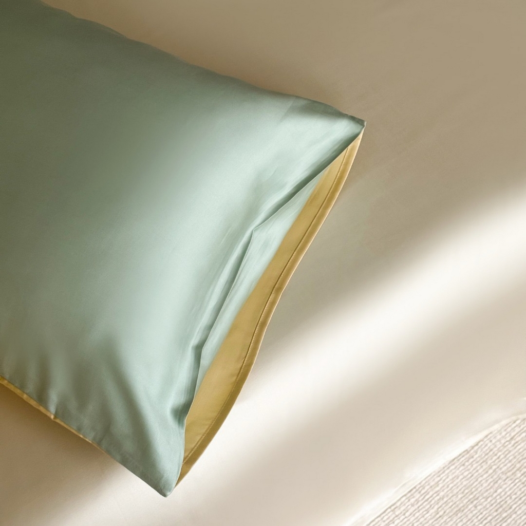 91家纺网 家纺一手货源 找家纺 禾时 2025新款纯色双拼兰精天丝单品系列-单枕套 枕套单件 浅艾绿-香槟金