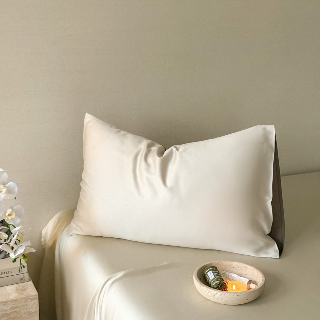 91家纺网 家纺一手货源 找家纺 禾时 2025新款纯色双拼兰精天丝单品系列-单枕套 枕套单件 乳蛋白-冷岩灰