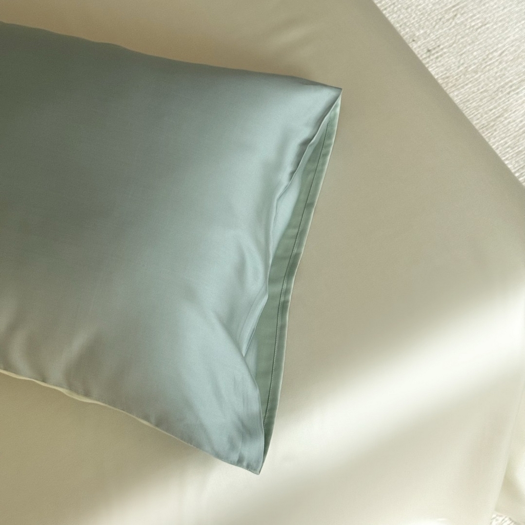 91家纺网 家纺一手货源 找家纺 禾时 2025新款纯色双拼兰精天丝单品系列-单枕套 枕套单件 天空蓝-浅艾绿