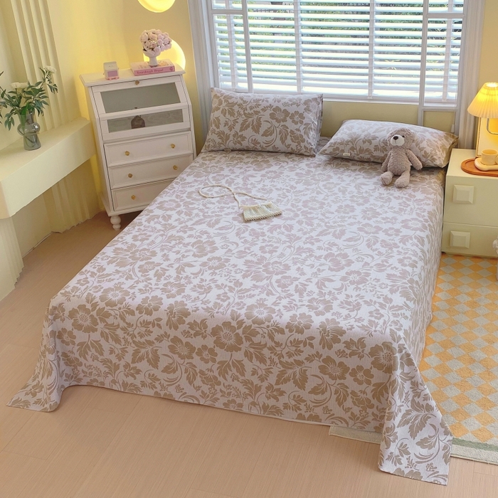 91家纺网 家纺一手货源 找家纺 慕尚家纺 2025新款全棉纯棉老粗布花卉床单款凉席席子 青花-黄