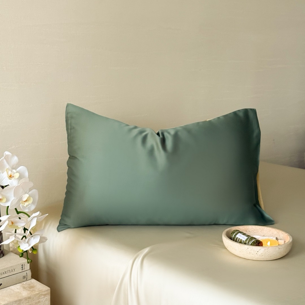 禾时 2025新款纯色双拼兰精天丝单品系列-单枕套 枕套单件 天青色-香槟金