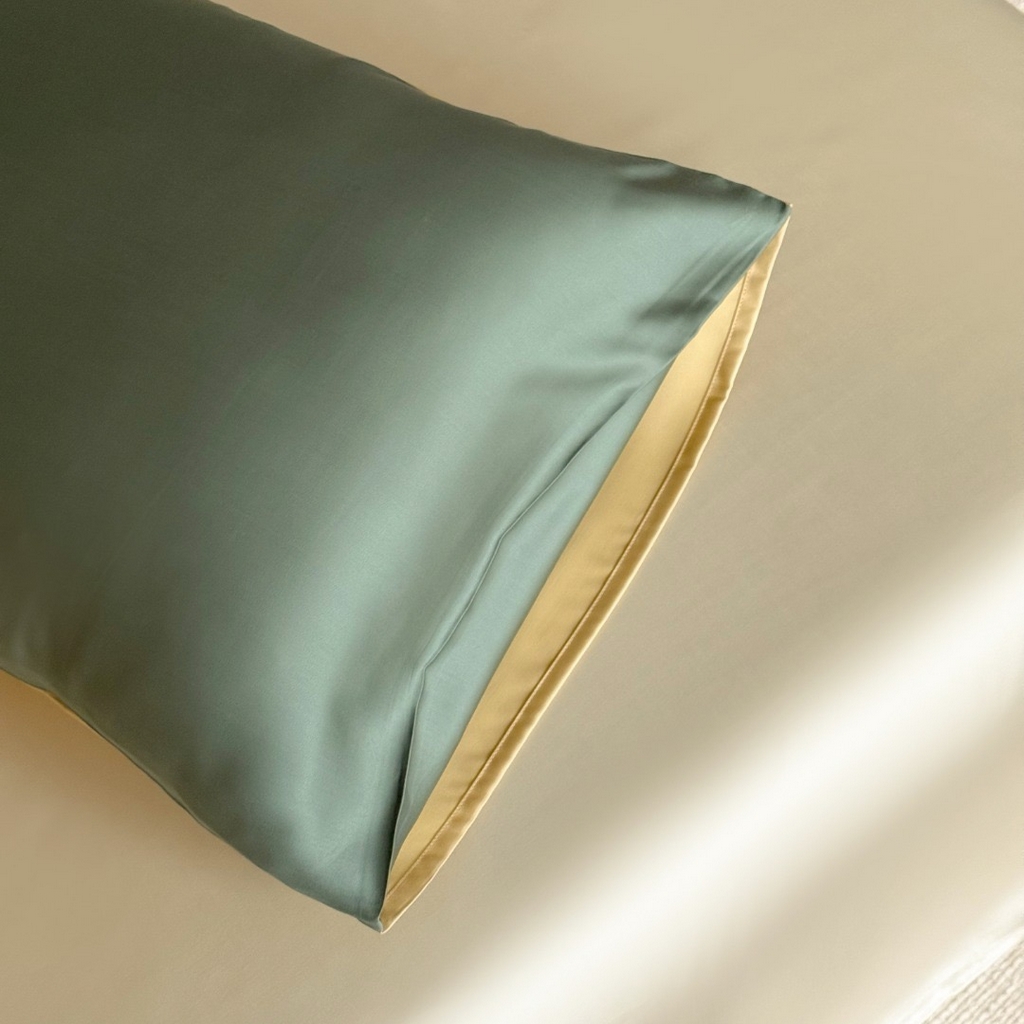 91家纺网 家纺一手货源 找家纺 禾时 2025新款纯色双拼兰精天丝单品系列-单枕套 枕套单件 天青色-香槟金