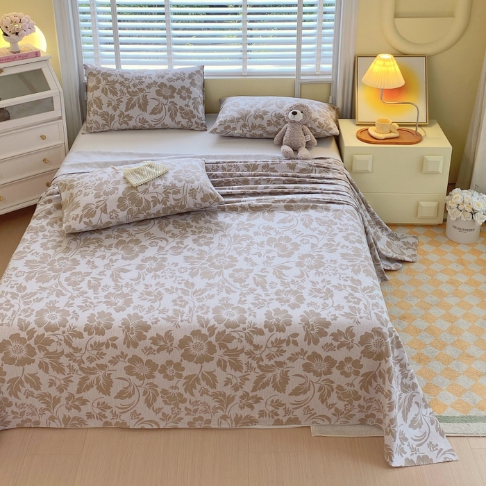 91家纺网 家纺一手货源 找家纺 慕尚家纺 2025新款全棉纯棉老粗布花卉床单款凉席席子 青花-黄