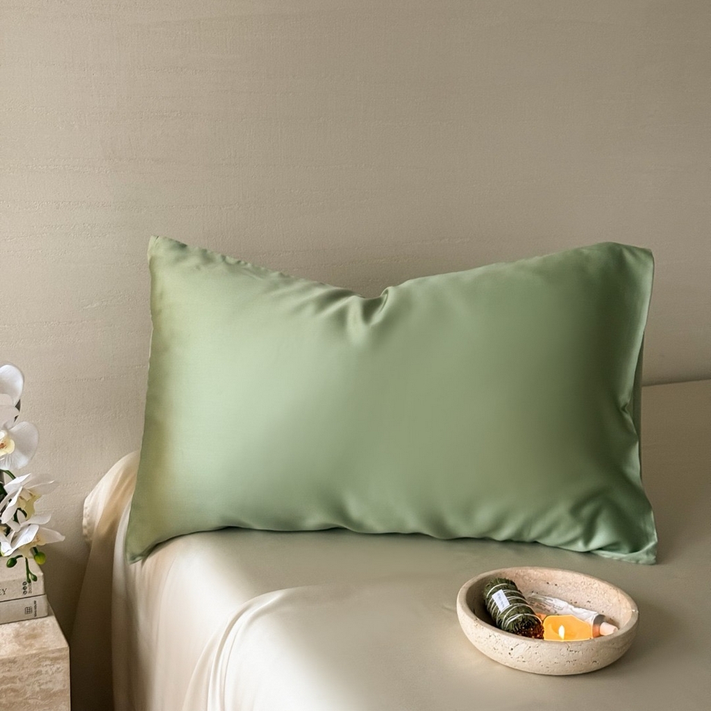 91家纺网 家纺一手货源 找家纺 禾时 2025新款纯色双拼兰精天丝单品系列-单枕套 枕套单件 香奈儿绿-嫩叶绿