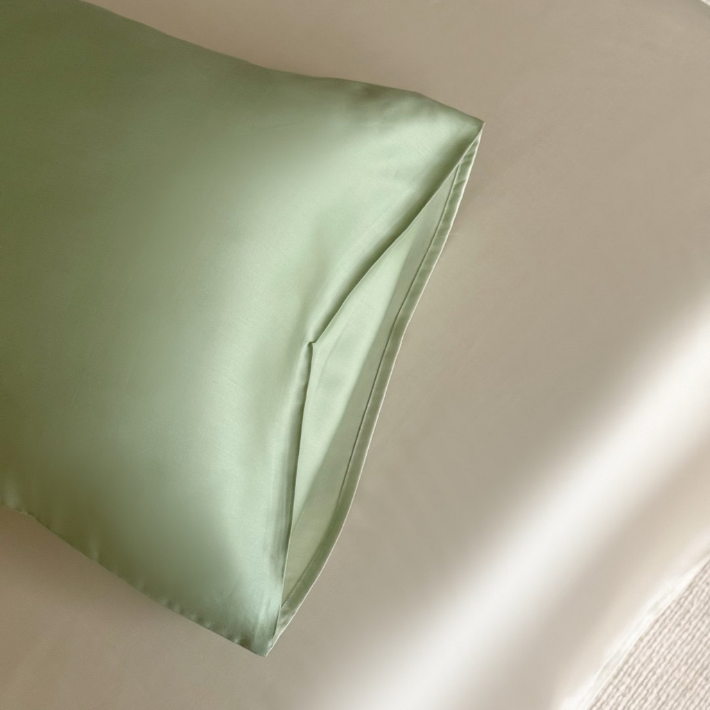 91家纺网 家纺一手货源 找家纺 禾时 2025新款纯色双拼兰精天丝单品系列-单枕套 枕套单件 香奈儿绿-嫩叶绿