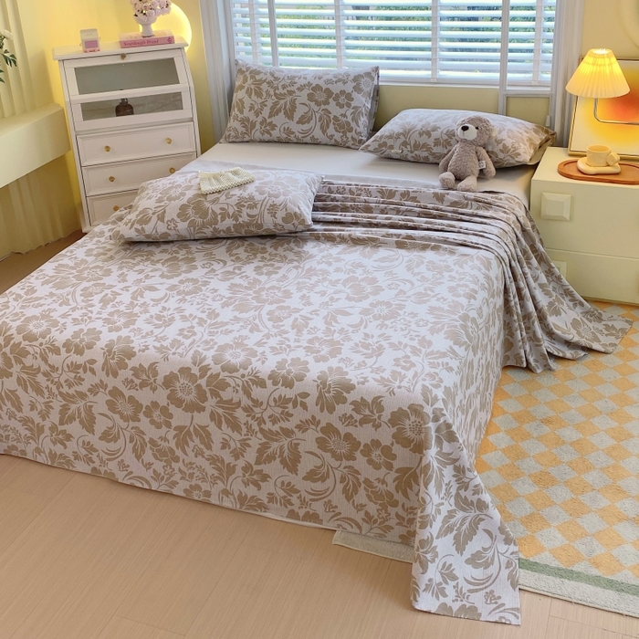 91家纺网 家纺一手货源 找家纺 慕尚家纺 2025新款全棉纯棉老粗布花卉床单款凉席席子 青花-黄