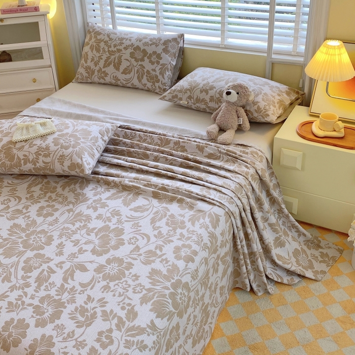 91家纺网 家纺一手货源 找家纺 慕尚家纺 2025新款全棉纯棉老粗布花卉床单款凉席席子 青花-黄