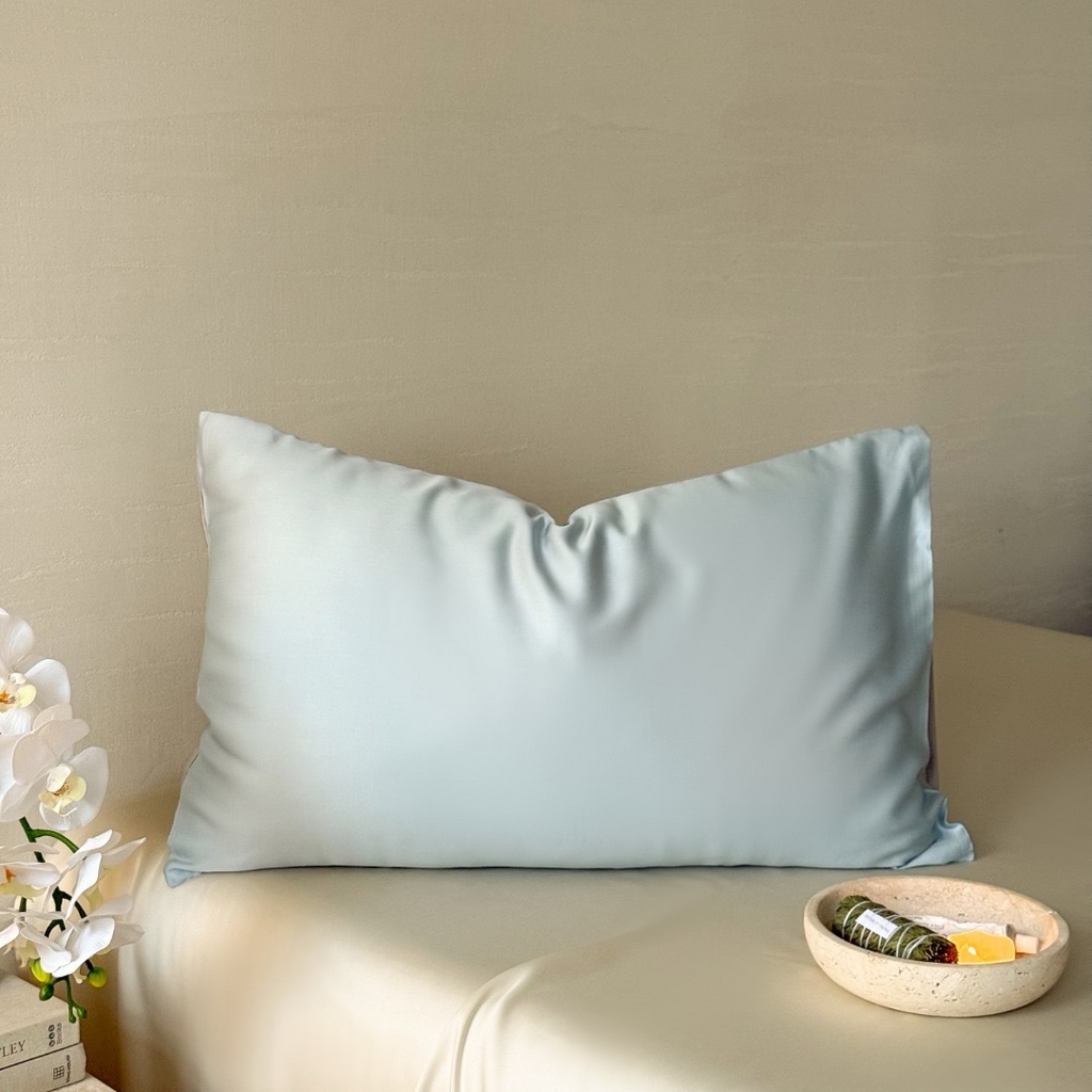 禾时 2025新款纯色双拼兰精天丝单品系列-单枕套 枕套单件 映霜蓝-霜华银