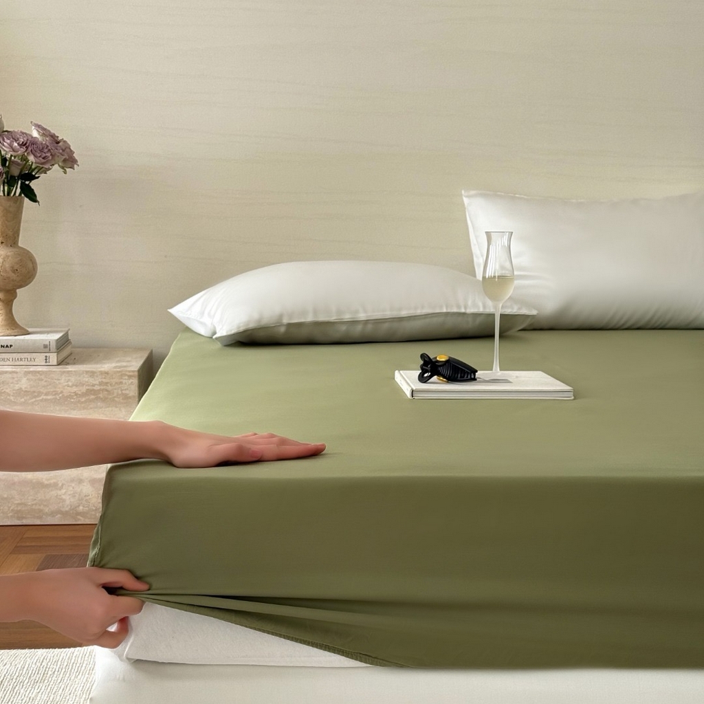 禾时 2025新款纯色双拼兰精天丝单品系列-单床笠 床笠单件 欧芹绿