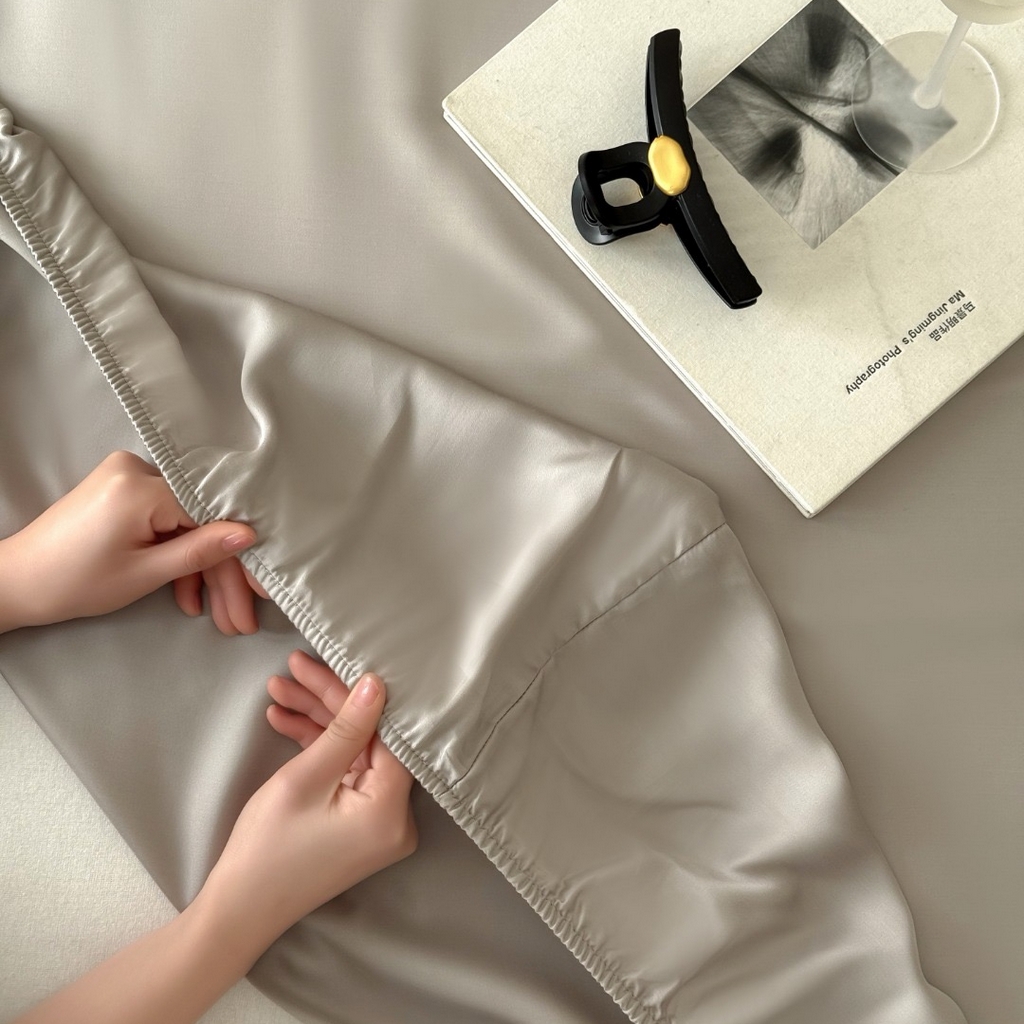 91家纺网 家纺一手货源 找家纺 禾时 2025新款纯色双拼兰精天丝单品系列-单床笠 床笠单件 霜华银