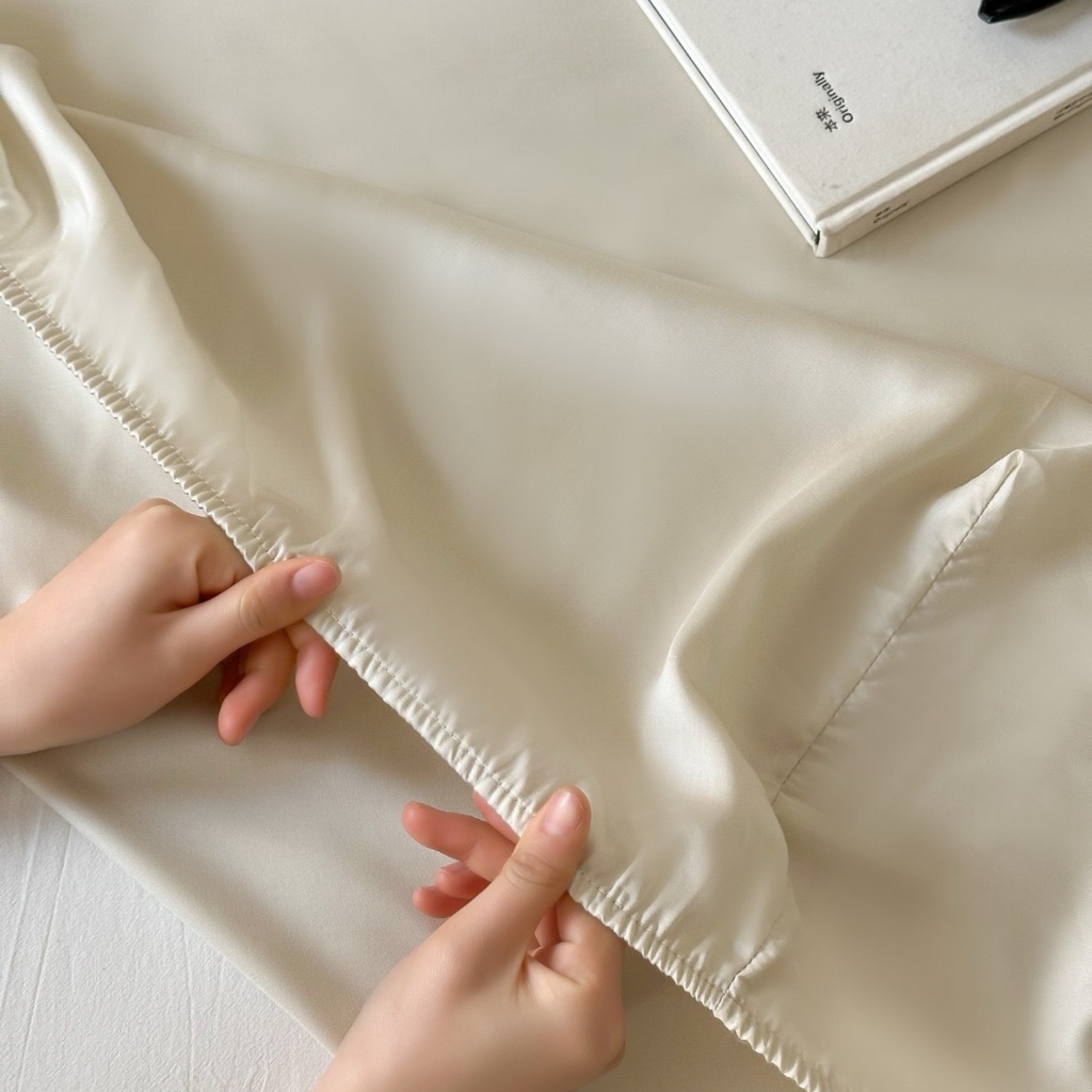 91家纺网 家纺一手货源 找家纺 禾时 2025新款纯色双拼兰精天丝单品系列-单床笠 床笠单件 极地白