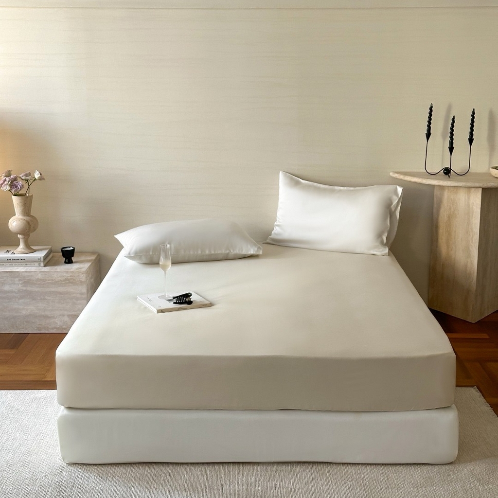 91家纺网 家纺一手货源 找家纺 禾时 2025新款纯色双拼兰精天丝单品系列-单床笠 床笠单件 极地白