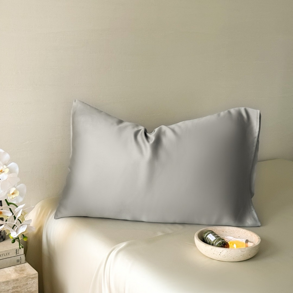 91家纺网 家纺一手货源 找家纺 禾时 2025新款纯色双拼兰精天丝单品系列-单枕套 枕套单件 云纱灰