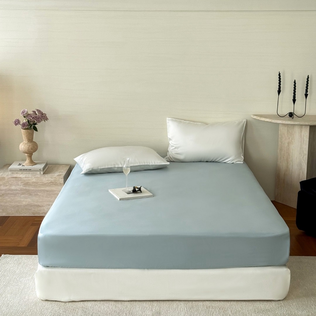 91家纺网 家纺一手货源 找家纺 禾时 2025新款纯色双拼兰精天丝单品系列-单床笠 床笠单件 冰川灰