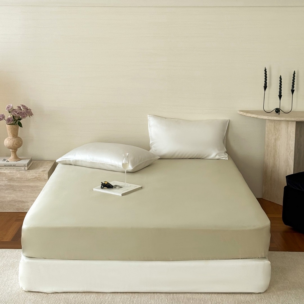 91家纺网 家纺一手货源 找家纺 禾时 2025新款纯色双拼兰精天丝单品系列-单床笠 床笠单件 烟轻绿