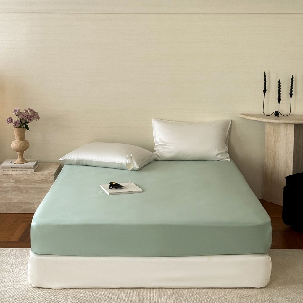 91家纺网 家纺一手货源 找家纺 禾时 2025新款纯色双拼兰精天丝单品系列-单床笠 床笠单件 浅艾绿