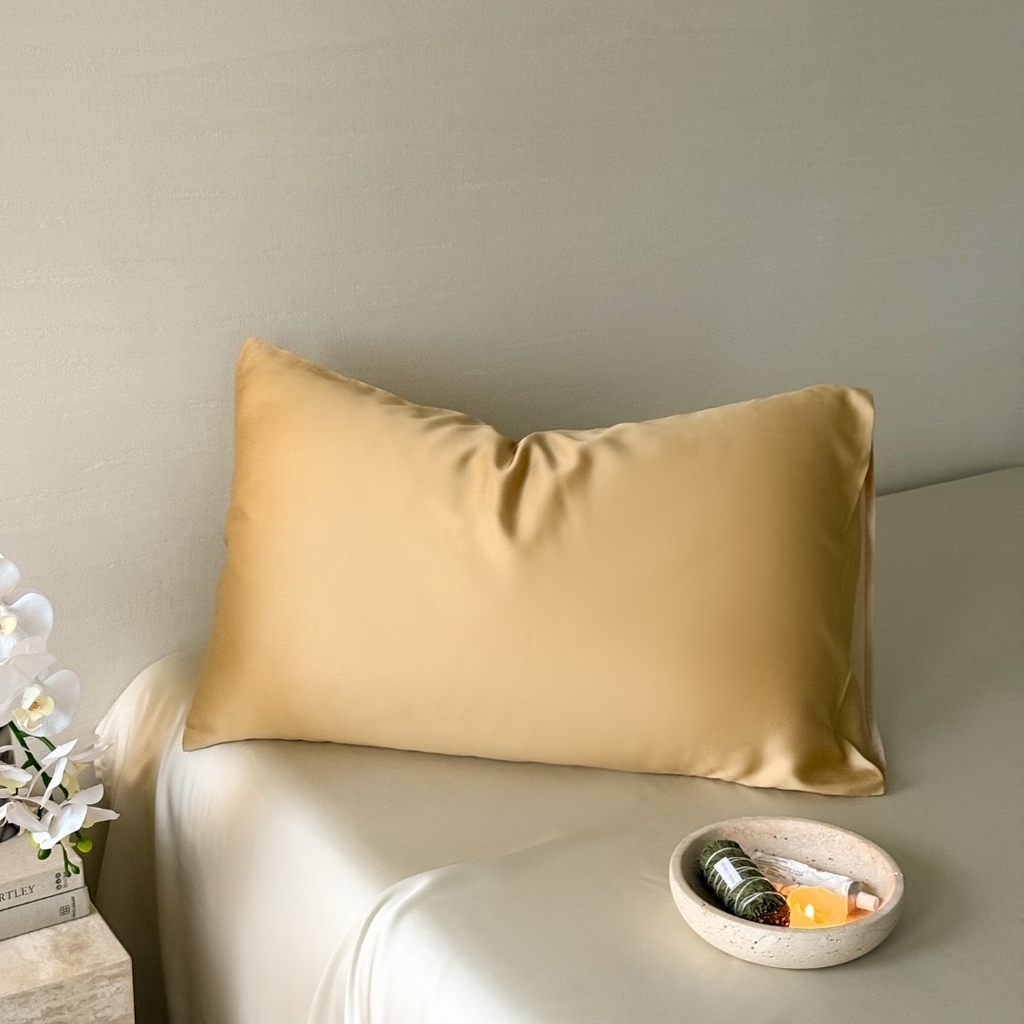 91家纺网 家纺一手货源 找家纺 禾时 2025新款纯色双拼兰精天丝单品系列-单枕套 枕套单件 芝士黄-沙茶色