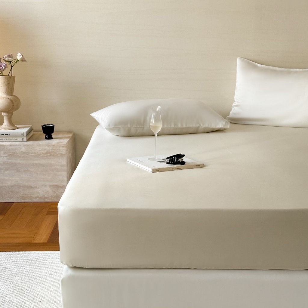 91家纺网 家纺一手货源 找家纺 禾时 2025新款纯色双拼兰精天丝单品系列-单床笠 床笠单件 极地白