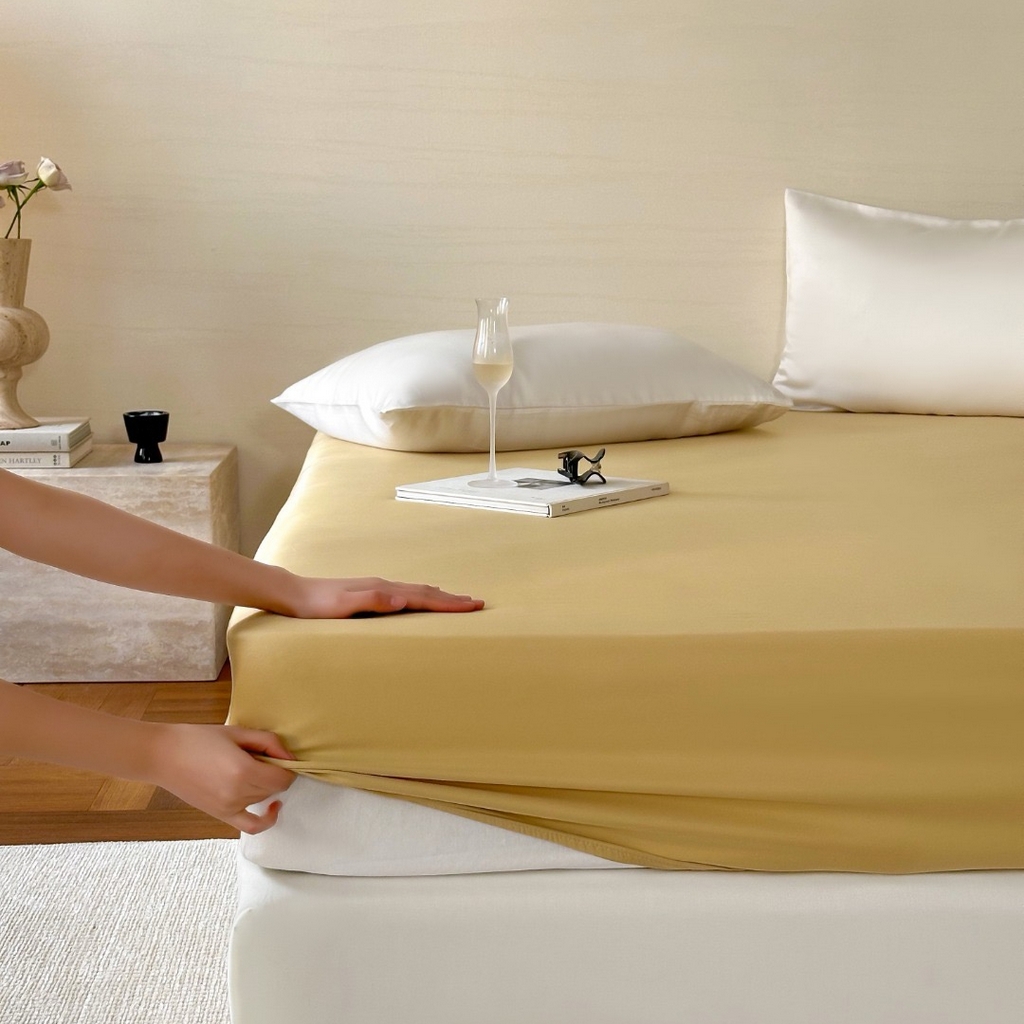 禾时 2025新款纯色双拼兰精天丝单品系列-单床笠 床笠单件 香槟金