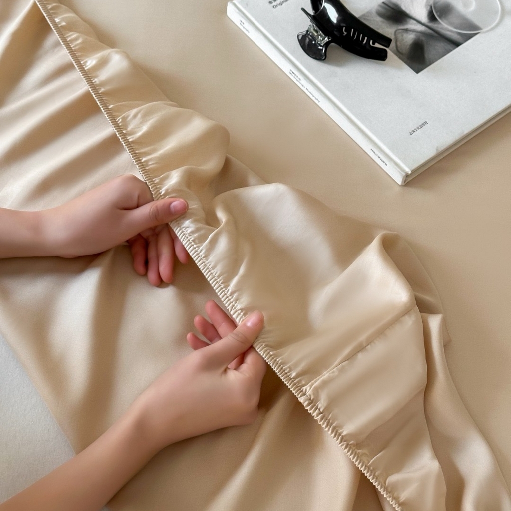 91家纺网 家纺一手货源 找家纺 禾时 2025新款纯色双拼兰精天丝单品系列-单床笠 床笠单件 沙茶色