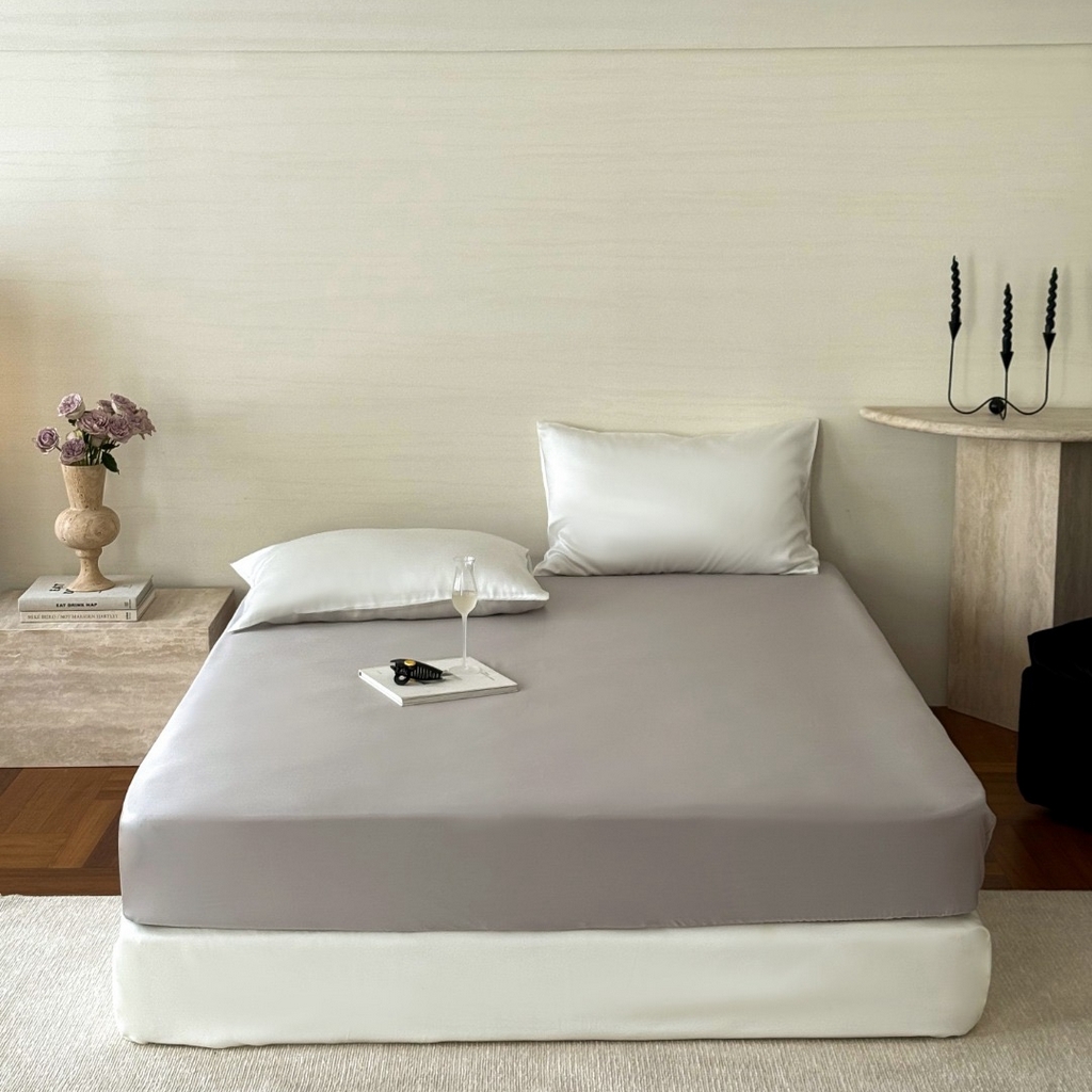 91家纺网 家纺一手货源 找家纺 禾时 2025新款纯色双拼兰精天丝单品系列-单床笠 床笠单件 曙光银