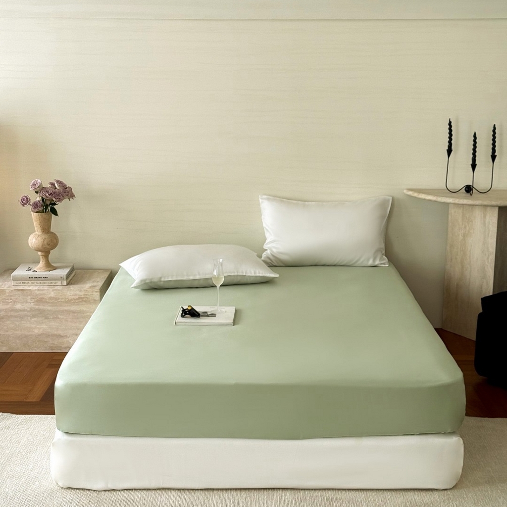 91家纺网 家纺一手货源 找家纺 禾时 2025新款纯色双拼兰精天丝单品系列-单床笠 床笠单件 嫩叶绿