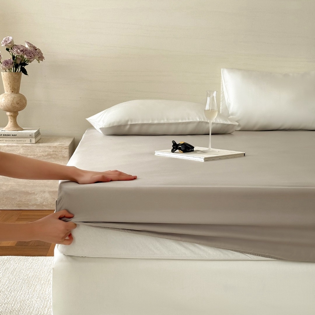 禾时 2025新款纯色双拼兰精天丝单品系列-单床笠 床笠单件 霜华银