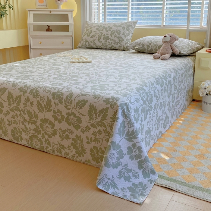 91家纺网 家纺一手货源 找家纺 慕尚家纺 2025新款全棉纯棉老粗布花卉床单款凉席席子 青花-绿