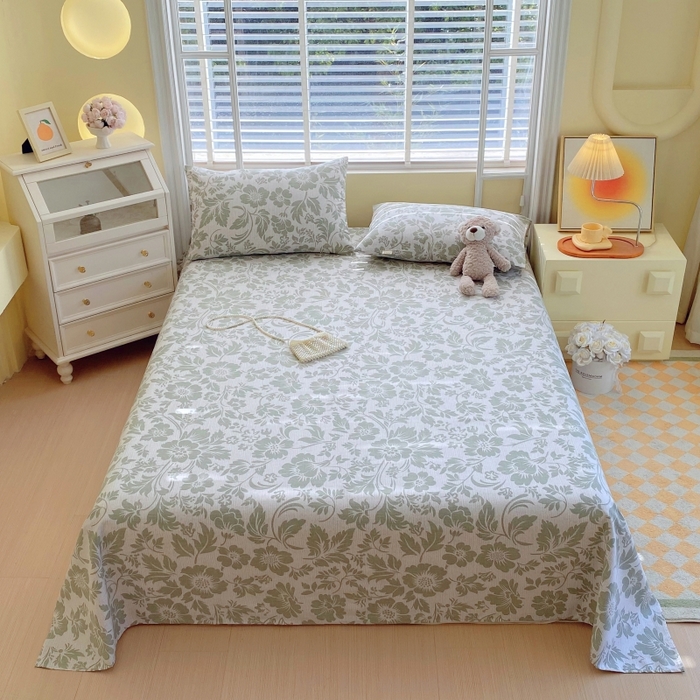 91家纺网 家纺一手货源 找家纺 慕尚家纺 2025新款全棉纯棉老粗布花卉床单款凉席席子 青花-绿