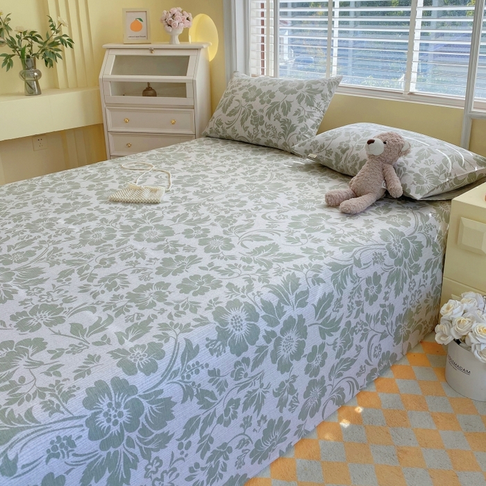 91家纺网 家纺一手货源 找家纺 慕尚家纺 2025新款全棉纯棉老粗布花卉床单款凉席席子 青花-绿