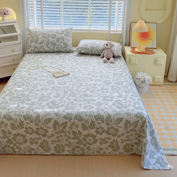 91家纺网 家纺一手货源 找家纺 慕尚家纺 2025新款全棉纯棉老粗布花卉床单款凉席席子 青花-绿