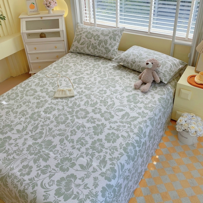 91家纺网 家纺一手货源 找家纺 慕尚家纺 2025新款全棉纯棉老粗布花卉床单款凉席席子 青花-绿