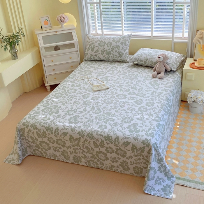 91家纺网 家纺一手货源 找家纺 慕尚家纺 2025新款全棉纯棉老粗布花卉床单款凉席席子 青花-绿