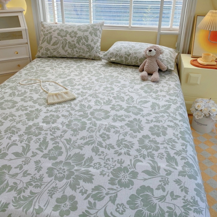 91家纺网 家纺一手货源 找家纺 慕尚家纺 2025新款全棉纯棉老粗布花卉床单款凉席席子 青花-绿