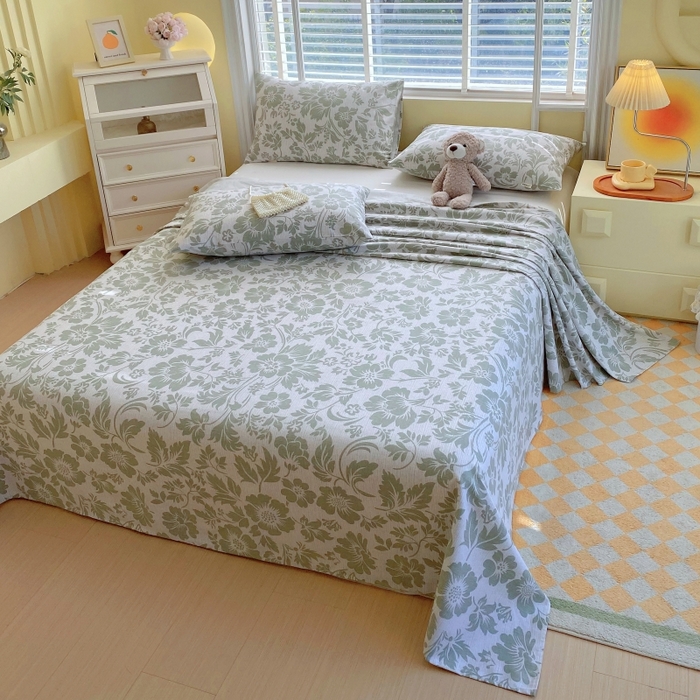 91家纺网 家纺一手货源 找家纺 慕尚家纺 2025新款全棉纯棉老粗布花卉床单款凉席席子 青花-绿