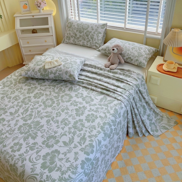 91家纺网 家纺一手货源 找家纺 慕尚家纺 2025新款全棉纯棉老粗布花卉床单款凉席席子 青花-绿