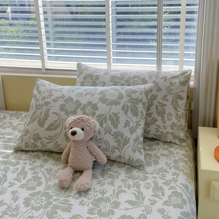 91家纺网 家纺一手货源 找家纺 慕尚家纺 2025新款全棉纯棉老粗布花卉床单款凉席席子 青花-绿