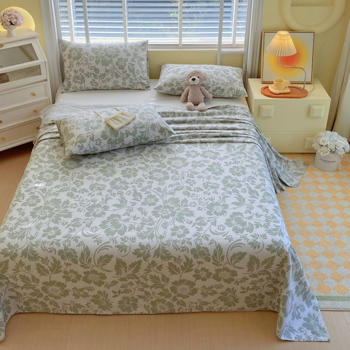 91家纺网 家纺一手货源 找家纺 慕尚家纺 2025新款全棉纯棉老粗布花卉床单款凉席席子 青花-绿