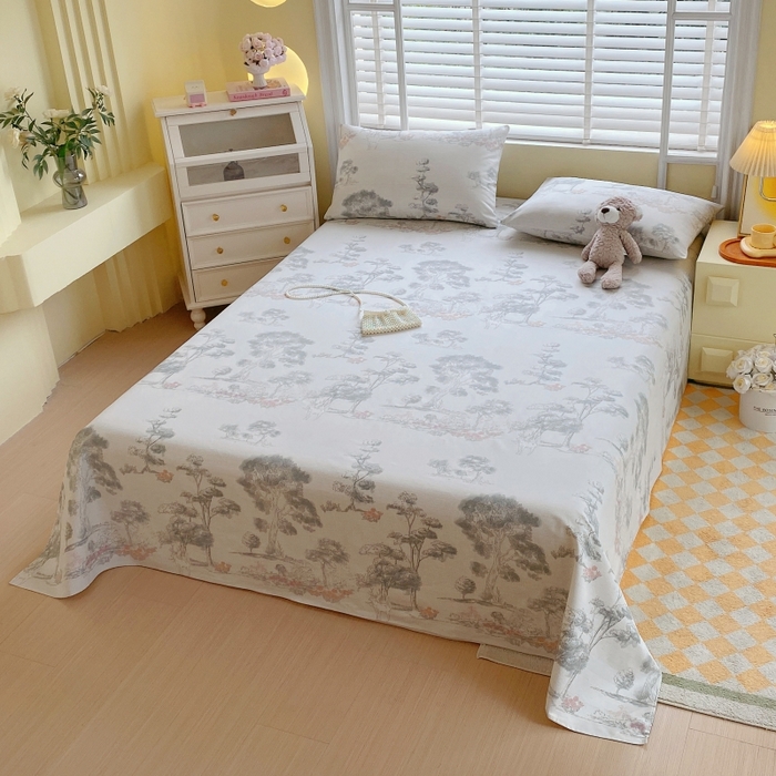 91家纺网 家纺一手货源 找家纺 慕尚家纺 2025新款全棉纯棉老粗布花卉床单款凉席席子 水墨江南